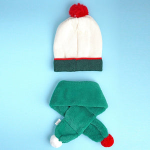 2pcs White and Green Tree Christmas themed Winter Cap Beanie with matching Long style Neck Muffler for Kids, 3 - 10 Years - 3 - 10 Years Winter Wear