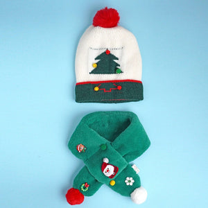 2pcs White and Green Tree Christmas themed Winter Cap Beanie with matching Long style Neck Muffler for Kids, 3 - 10 Years - 3 - 10 Years Winter Wear