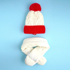 2pcs White, Red Nose Reindeer themed Winter Cap Beanie with matching Long style Neck Muffler for Kids, 3 - 10 Years - 3 - 10 Years Winter Wear