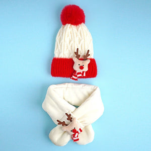 2pcs White, Red Nose Reindeer themed Winter Cap Beanie with matching Long style Neck Muffler for Kids, 3 - 10 Years - 3 - 10 Years Winter Wear