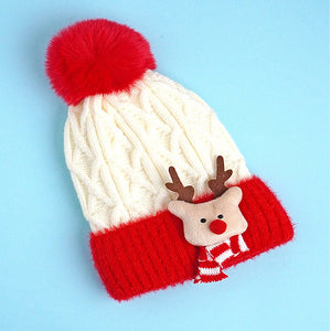 2pcs White, Red Nose Reindeer themed Winter Cap Beanie with matching Long style Neck Muffler for Kids, 3 - 10 Years - 3 - 10 Years Winter Wear
