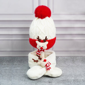 2pcs White, Red Nose Reindeer themed Winter Cap Beanie with matching Long style Neck Muffler for Kids, 3 - 10 Years - 3 - 10 Years Winter Wear