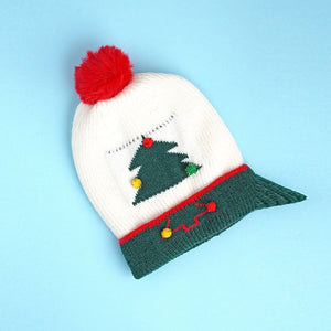 2pcs White & Red Tree Christmas themed Winter Cap Beanie with matching Long style Neck Muffler for Kids, 3 - 10 Years - 3 - 10 Years Winter Wear