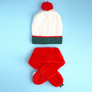 2pcs White & Red Tree Christmas themed Winter Cap Beanie with matching Long style Neck Muffler for Kids, 3 - 10 Years - 3 - 10 Years Winter Wear