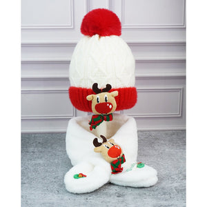 2pcs White Reindeer themed Winter Cap Beanie with matching Long style Neck Muffler for Kids, 3 - 10 Years - 4 - 10 Years Winter Wear
