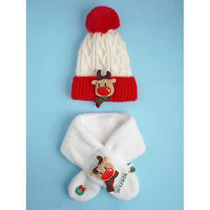 2pcs White Reindeer themed Winter Cap Beanie with matching Long style Neck Muffler for Kids, 3 - 10 Years - 4 - 10 Years Winter Wear