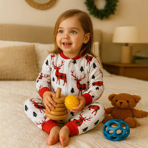 3 - 24 Months, Red Checks Deer soft Cotton,Infants and Toddlers Christmas Nightsuit - 3 - 6 Months Nightsuits