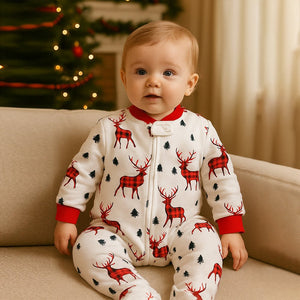 3 - 24 Months, Red Checks Deer soft Cotton,Infants and Toddlers Christmas Nightsuit - 3 - 6 Months Nightsuits