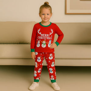 3 - 8 Yrs, Red 3Snowman soft Cotton Kids Christmas Nightsuit - 3 Years Nightsuits