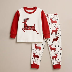 3 - 8 Yrs, Red Checks Deer soft Cotton,Kids Christmas Nightsuit - 3 Years Nightsuits