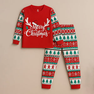 3 - 8 Yrs, Red Tree and Gingerbread man,soft Cotton Kids Christmas Nightsuit - 3 Years Nightsuits