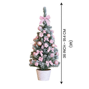 3 feet pastel Pink Swirl snowy Bushy Christmas Tree filled with balls and ornament Fillers - Christmas