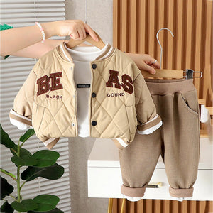 3 Pcs Set, Beige beas Puffer Quilted Jacket, with T-shirt & Pants for Kids, Winterwear - 2 - 3 Years Kids Clothing