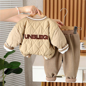 3 Pcs Set, Beige beas Puffer Quilted Jacket, with T-shirt & Pants for Kids, Winterwear - 2 - 3 Years Kids Clothing