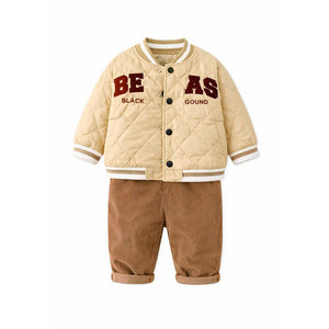 3 Pcs Set, Beige beas Puffer Quilted Jacket, with T-shirt & Pants for Kids, Winterwear - 2 - 3 Years Kids Clothing