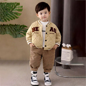 3 Pcs Set, Beige beas Puffer Quilted Jacket, with T-shirt & Pants for Kids, Winterwear - 2 - 3 Years Kids Clothing
