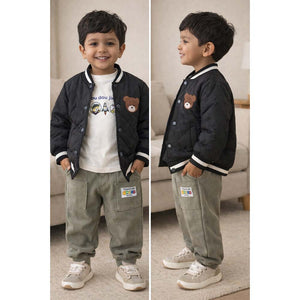 3 Pcs Set, Black Bear Quilted Jacket, T-shirt & Pants set for Kids, Winterwear - 3 - 4 Years Kids Clothing