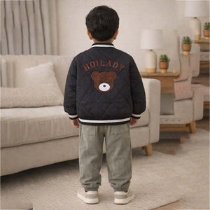 3 Pcs Set, Black Bear Quilted Jacket, T-shirt & Pants set for Kids, Winterwear - 3 - 4 Years Kids Clothing