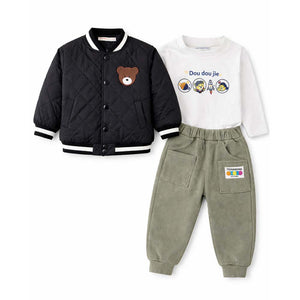 3 Pcs Set, Black Bear Quilted Jacket, T-shirt & Pants set for Kids, Winterwear - 3 - 4 Years Kids Clothing