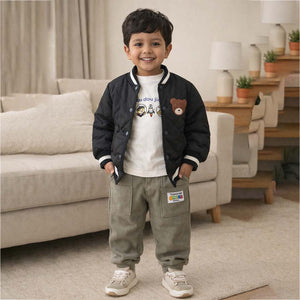3 Pcs Set, Black Bear Quilted Jacket, T-shirt & Pants set for Kids, Winterwear - 3 - 4 Years Kids Clothing