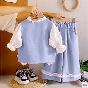3 Pcs Set Blue Side Bow Jacket,Shirt & Matching Pants Partywear set for Girls - 2 - 3 Years Winter Wear