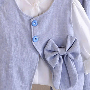 3 Pcs Set Blue Side Bow Jacket,Shirt & Matching Pants Partywear set for Girls - 2 - 3 Years Winter Wear