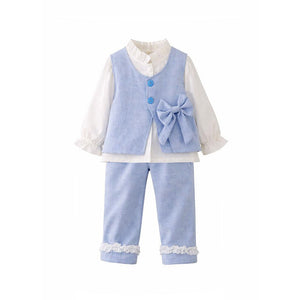 3 Pcs Set Blue Side Bow Jacket,Shirt & Matching Pants Partywear set for Girls - 2 - 3 Years Winter Wear