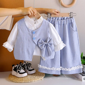 3 Pcs Set Blue Side Bow Jacket,Shirt & Matching Pants Partywear set for Girls - 2 - 3 Years Winter Wear
