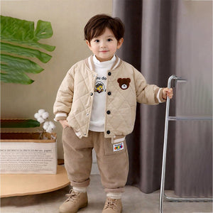 3 Pcs Set, Brown Bear Quilted Jacket, T-shirt & Pants set for Kids, Winterwear - 2 - 3 Years Kids Clothing