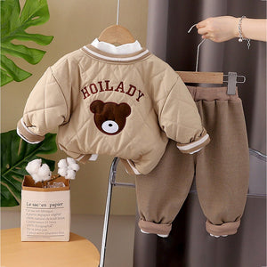 3 Pcs Set, Brown Bear Quilted Jacket, T-shirt & Pants set for Kids, Winterwear - 2 - 3 Years Kids Clothing