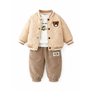 3 Pcs Set, Brown Bear Quilted Jacket, T-shirt & Pants set for Kids, Winterwear - 2 - 3 Years Kids Clothing