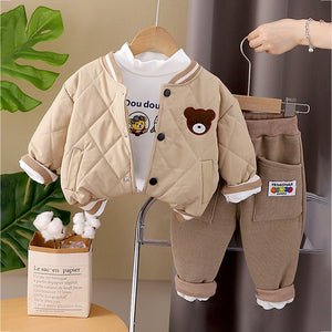 3 Pcs Set, Brown Bear Quilted Jacket, T-shirt & Pants set for Kids, Winterwear - 2 - 3 Years Kids Clothing