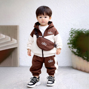 3 Pcs Set, Brown & Cream Tracksuit with and matching Sling Bag for Kids - 3 - 4 Years Kids Clothing
