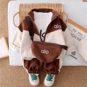 3 Pcs Set, Brown & Cream Tracksuit with and matching Sling Bag for Kids - 3 - 4 Years Kids Clothing