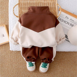 3 Pcs Set, Brown & Cream Tracksuit with and matching Sling Bag for Kids - 3 - 4 Years Kids Clothing