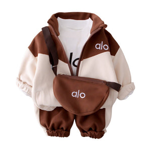 3 Pcs Set, Brown & Cream Tracksuit with and matching Sling Bag for Kids - 3 - 4 Years Kids Clothing