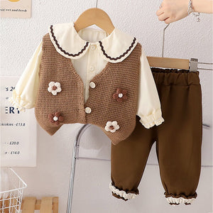 3 Pcs Set Brown crochet Knitted Vest,with White Shirt & Matching Pants Partwear set for Kids - 2 - 3 Years Winter Wear