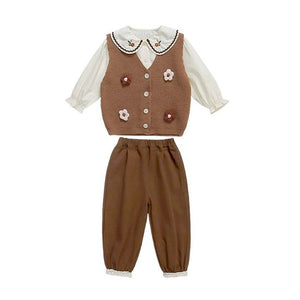 3 Pcs Set Brown crochet Knitted Vest,with White Shirt & Matching Pants Partwear set for Kids - 2 - 3 Years Winter Wear