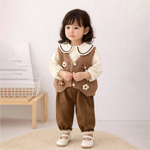 3 Pcs Set Brown crochet Knitted Vest,with White Shirt & Matching Pants Partwear set for Kids - 2 - 3 Years Winter Wear