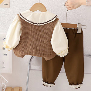 3 Pcs Set Brown crochet Knitted Vest,with White Shirt & Matching Pants Partwear set for Kids - 2 - 3 Years Winter Wear