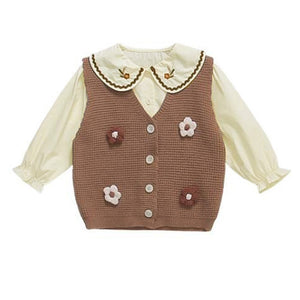 3 Pcs Set Brown crochet Knitted Vest,with White Shirt & Matching Pants Partwear set for Kids - 2 - 3 Years Winter Wear