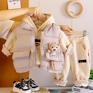 3 Pcs Set, Cream Long Ted Hoodie, Sleeveless Puffer Jacket with Pants for Kids, Winterwear - 2 - 3 Years Kids Clothing