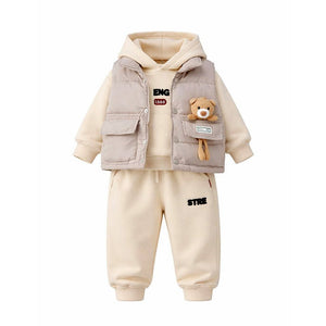 3 Pcs Set, Cream Long Ted Hoodie, Sleeveless Puffer Jacket with Pants for Kids, Winterwear - 2 - 3 Years Kids Clothing