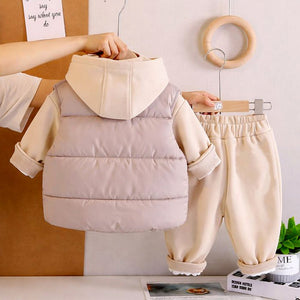 3 Pcs Set, Cream Long Ted Hoodie, Sleeveless Puffer Jacket with Pants for Kids, Winterwear - 2 - 3 Years Kids Clothing