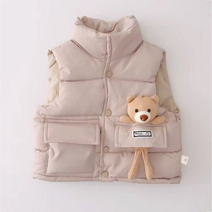 3 Pcs Set, Cream Long Ted Hoodie, Sleeveless Puffer Jacket with Pants for Kids, Winterwear - 2 - 3 Years Kids Clothing