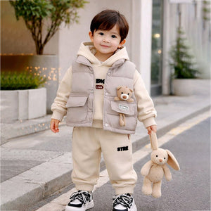 3 Pcs Set, Cream Long Ted Hoodie, Sleeveless Puffer Jacket with Pants for Kids, Winterwear - 2 - 3 Years Kids Clothing