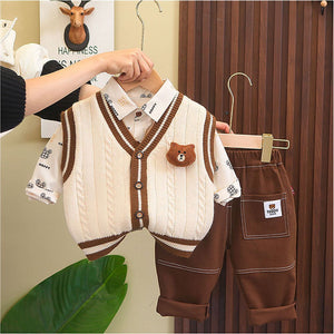 3 Pcs Set Cream Teddy Knitted Sweater Shirt And Pants Set For Toddler And Kids Winter And All Season Wear - 2 - 3 Years Kids Clothing