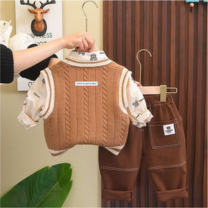 3 Pcs Set Cream Teddy Knitted Sweater Shirt And Pants Set For Toddler And Kids Winter And All Season Wear - 2 - 3 Years Kids Clothing