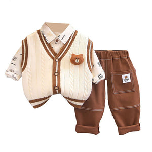 3 Pcs Set Cream Teddy Knitted Sweater Shirt And Pants Set For Toddler And Kids Winter And All Season Wear - 2 - 3 Years Kids Clothing