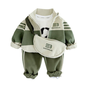 3 Pcs Set, Green Jacket, White T-shirt & Pants with Sling Bag for Kids - 3 - 4 Years Kids Clothing